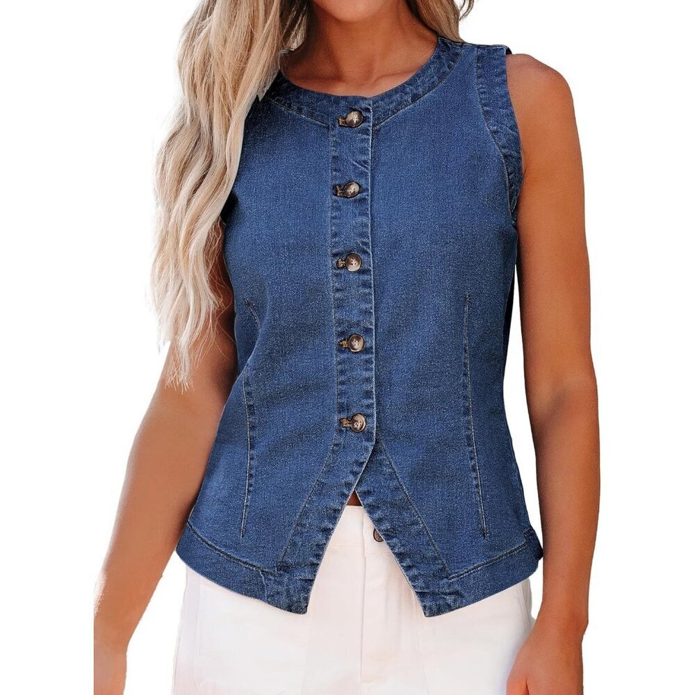Women's Blue Sleeveless Strechy Jean Vest Top Button Down Denim Vest Crewneck